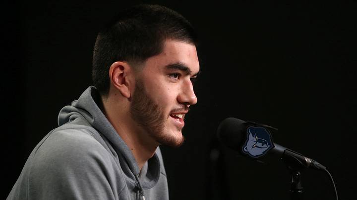 Sep 28, 2026; Memphis, TN, USA;  Memphis Grizzlies center Zach Edey (14) speaks at media day at FedEx Forum.  Mandatory Credit: Petre Thomas-Imagn Images