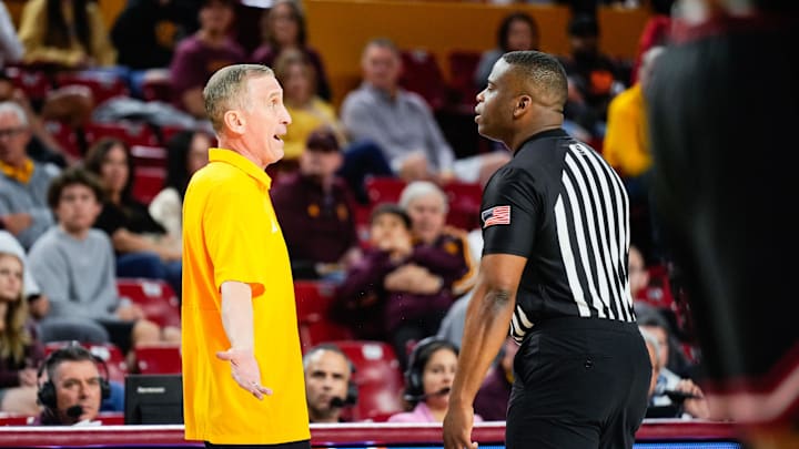 Mar 8, 2025; Tempe, Arizona, USA;  Arizona State Sun Devils head coach Bobby Hurley talks to an official during the second half at Desert Financial Arena. Mandatory Credit: Arianna Grainey-Imagn Images