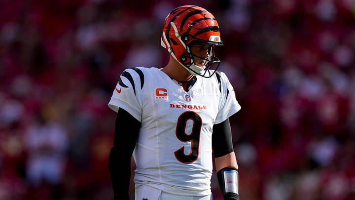 Cincinnati Bengals quarterback Joe Burrow (9) walks behind the line between plays in the second quarter of the NFL Week 2 game between the Kansas City Chiefs and the Cincinnati Bengals at Arrowhead Stadium in Kansas City on Sunday, Sept. 15, 2024. The Bengals led 16-10 at halftime.