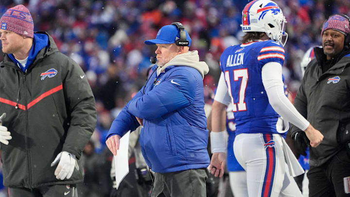 Dec 7, 2025; Orchard Park, New York, USA; Buffalo Bills head coach Sean McDermott looks on during the fourth quarter against the Cincinnati Bengals at Highmark Stadium.