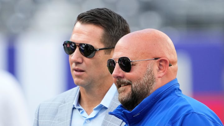Aug 26, 2023; East Rutherford, New Jersey, USA; New York Giants head coach Brian Daboll (right) and general manager Joe Schoen (left) talk before a game against the New York Jets at MetLife Stadium. Aug 26, 2023; East Rutherford, New Jersey, USA; New York Giants head coach Brian Daboll (right) and general manager Joe Schoen (left) talk before a game against the New York Jets at MetLife Stadium.