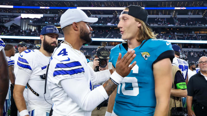 Aug 12, 2023; Arlington, Texas, USA; Dallas Cowboys quarterback Dak Prescott (4) greets Jacksonville Jaguars quarterback Trevor Lawrence (16) after the game at AT&T Stadium. Mandatory Credit: Kevin Jairaj-USA TODAY Sports Aug 12, 2023; Arlington, Texas, USA; Dallas Cowboys quarterback Dak Prescott (4) greets Jacksonville Jaguars quarterback Trevor Lawrence (16) after the game at AT&T Stadium. Mandatory Credit: Kevin Jairaj-USA TODAY Sports