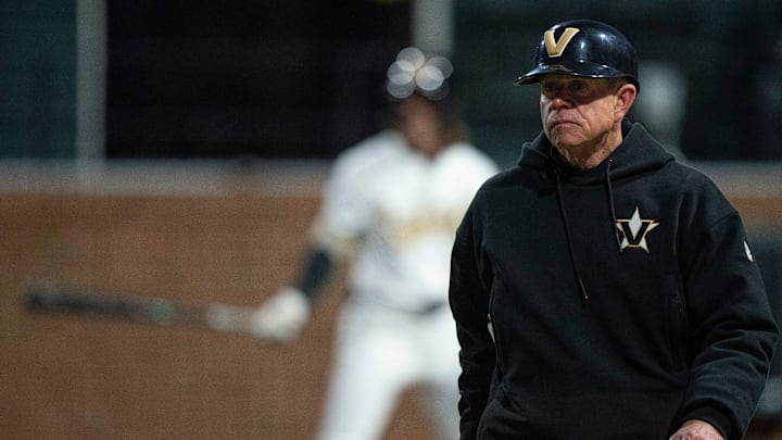 Vanderbilt Commodores Head Coach Tim Corbin heads to the third base coaches box against the Air Force Falcons at Hawkins Field in Nashville, Tenn., Monday, Feb. 17, 2025. The Commodores beat the Falcons 3-1. Vanderbilt Commodores Head Coach Tim Corbin heads to the third base coaches box against the Air Force Falcons at Hawkins Field in Nashville, Tenn., Monday, Feb. 17, 2025. The Commodores beat the Falcons 3-1.