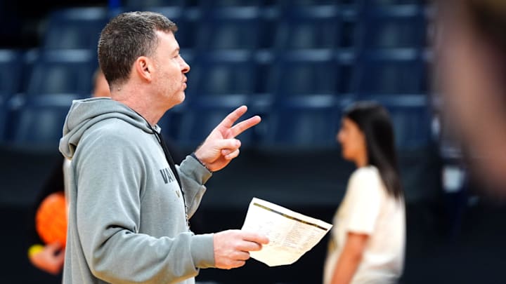 Vanderbilt mens' basketball coach Mark Byington coaches during practice and media day for the first round of the NCAA basketball tournament at Paycom Center in Oklahoma City, Okla., Wednesday March 18, 2026.
