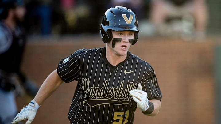 Vanderbilt shortstop Ryker Waite (51) runs the bases on his 2-RBI double against South Carolina during the second inning at Hawkins Field in Nashville, Tenn., Thursday, May 14, 2026.