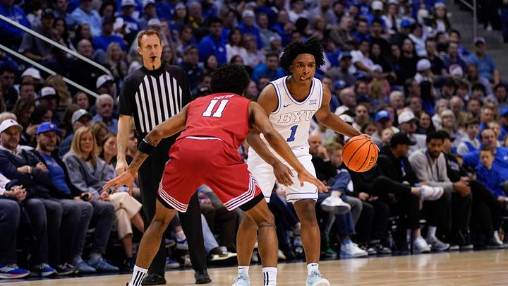 Mar 7, 2026; Provo, Utah, USA; BYU Cougars guard Robert Wright III (1) controls the ball while being defended by Texas Tech Red Raiders guard Jaylen Petty (11) at Marriott Center. Mandatory Credit: Aaron Baker-Imagn Images Mar 7, 2026; Provo, Utah, USA; BYU Cougars guard Robert Wright III (1) controls the ball while being defended by Texas Tech Red Raiders guard Jaylen Petty (11) at Marriott Center. Mandatory Credit: Aaron Baker-Imagn Images