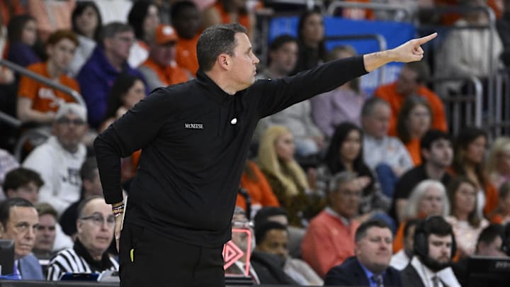 Mar 20, 2025; Providence, RI, USA; McNeese State Cowboys head coach Will Wade signals to his players  during the second half against the Clemson Tigers at Amica Mutual Pavilion. Mandatory Credit: Eric Canha-Imagn Images