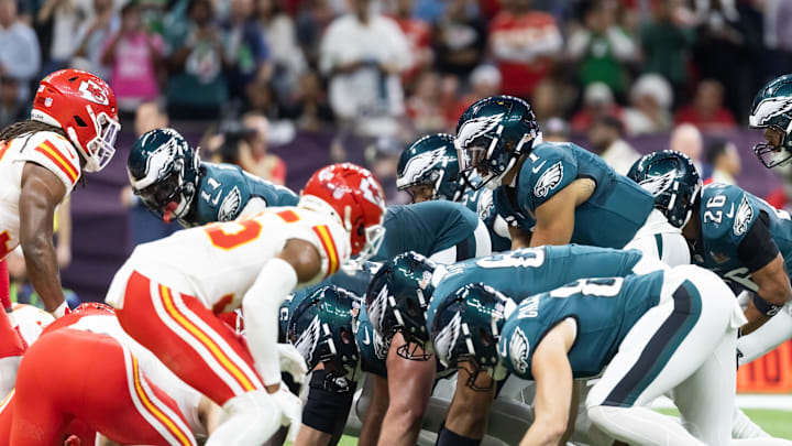 Feb 9, 2025; New Orleans, LA, USA; Philadelphia Eagles  quarterback Jalen Hurts (1) lines up for the tush push play on the goal line against the Kansas City Chiefs during Super Bowl LIX at Ceasars Superdome. Mandatory Credit: Mark J. Rebilas-Imagn Images