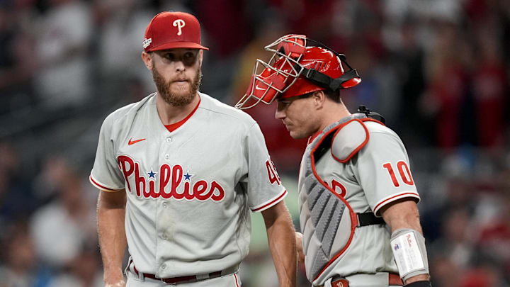 Philadelphia Phillies starting pitcher Zack Wheeler (left).