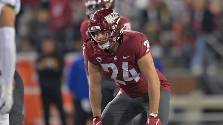 Sep 20, 2024; Pullman, Washington, USA; Washington State Cougars defensive back Ethan O'Connor (24) lines up for a play against the San Jose State Spartans in the first half at Gesa Field at Martin Stadium. Mandatory Credit: James Snook-Imagn Images