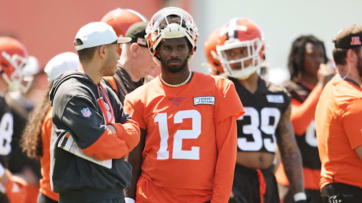 May 10, 2025; Berea, OH, USA; Cleveland Browns quarterback Shedeur Sanders (12) waits his turn for a drill during rookie minicamp at CrossCountry Mortgage Campus. Mandatory Credit: Ken Blaze-Imagn Images