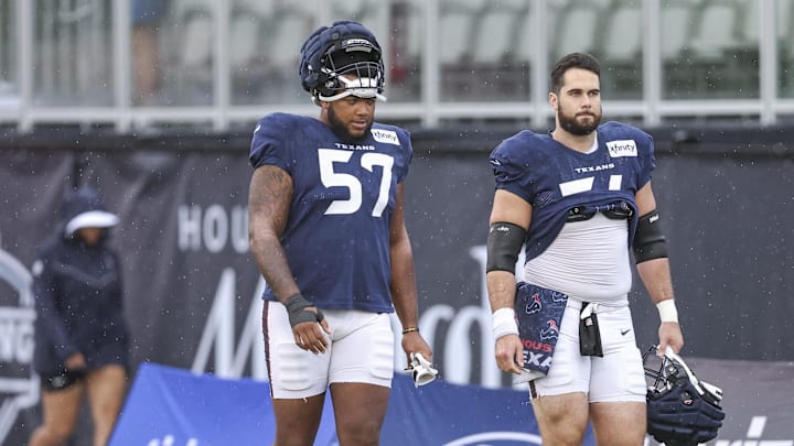 Jul 27, 2024; Houston, TX, USA; Houston Texans offensive tackle Blake Fisher (57) during training camp at Houston Methodist Training Center. Mandatory Credit: Troy Taormina-Imagn Images Jul 27, 2024; Houston, TX, USA; Houston Texans offensive tackle Blake Fisher (57) during training camp at Houston Methodist Training Center. Mandatory Credit: Troy Taormina-Imagn Images