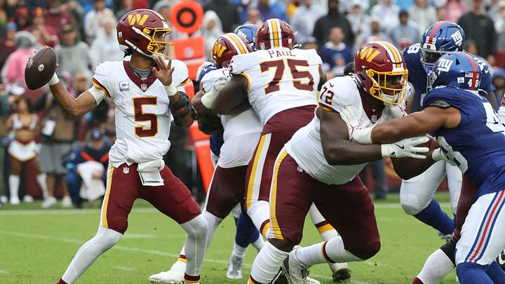 Oct 11, 2026; Landover, Maryland, USA; Washington Commanders quarterback Jayden Daniels (5) passes the ball against the New York Giants at Northwest Stadium. Mandatory Credit: Geoff Burke-Imagn Images Oct 11, 2026; Landover, Maryland, USA; Washington Commanders quarterback Jayden Daniels (5) passes the ball against the New York Giants at Northwest Stadium. Mandatory Credit: Geoff Burke-Imagn Images