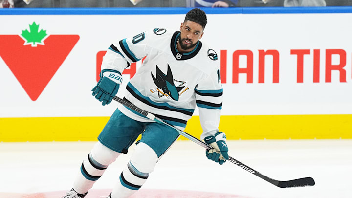 Jan 9, 2024; Toronto, Ontario, CAN; San Jose Sharks left wing Anthony Duclair (10) skates during the