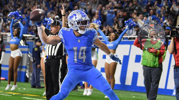 Dec 4, 2022; Detroit, Michigan, USA; Detroit Lions wide receiver Amon-Ra St. Brown (14) celebrates