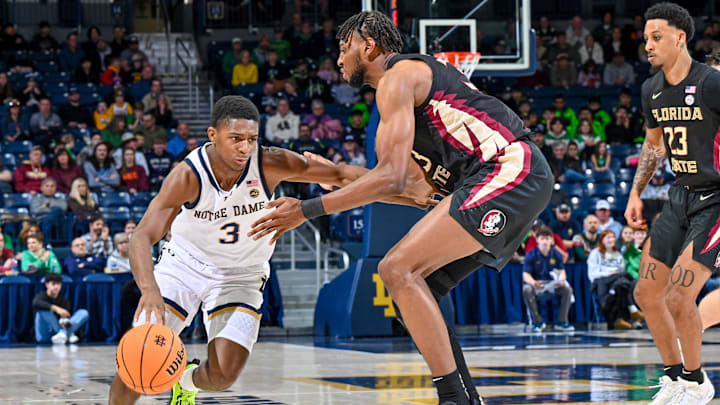 Jan 13, 2024; South Bend, Indiana, USA; Notre Dame Fighting Irish guard Markus Burton (3) dribbles