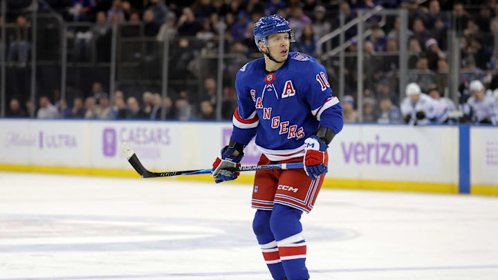 Jan 5, 2026; New York, New York, USA; New York Rangers left wing Artemi Panarin (10) skates against the Utah Mammoth during the second period at Madison Square Garden. Mandatory Credit: Brad Penner-Imagn Images