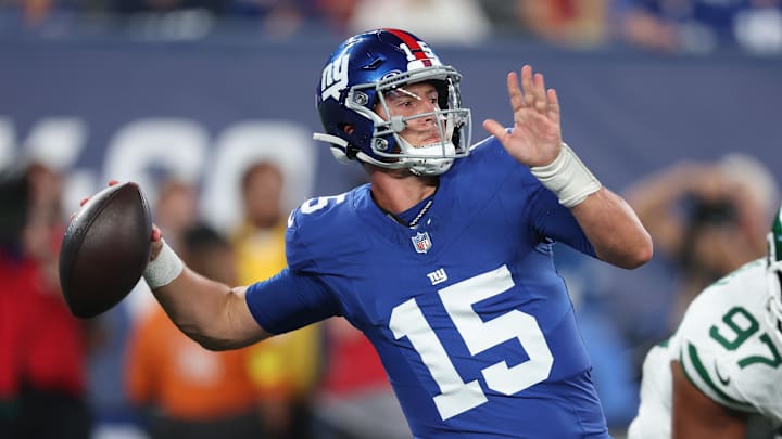 Aug 16, 2025; East Rutherford, New Jersey, USA; New York Giants quarterback Tommy DeVito (15) throws the ball during the second half against the New York Giants at MetLife Stadium.  