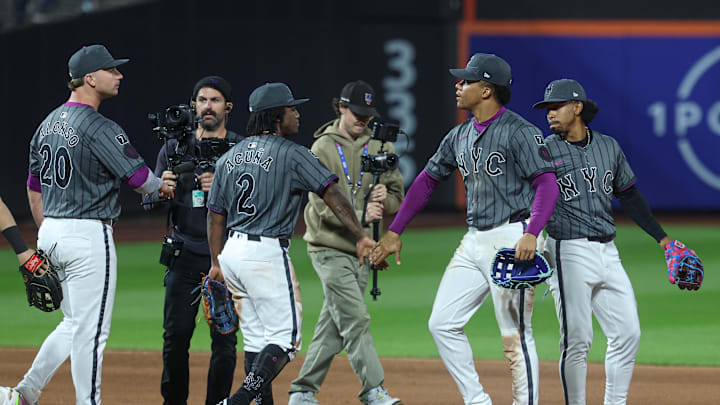 May 25, 2025; New York City, New York, USA; New York Mets first baseman Pete Alonso (20) celebrates with second baseman Luisangel Acuna (2) and right fielder Juan Soto (22) after defeating the Los Angeles Dodgers at Citi Field. Mandatory Credit: Vincent Carchietta-Imagn Images