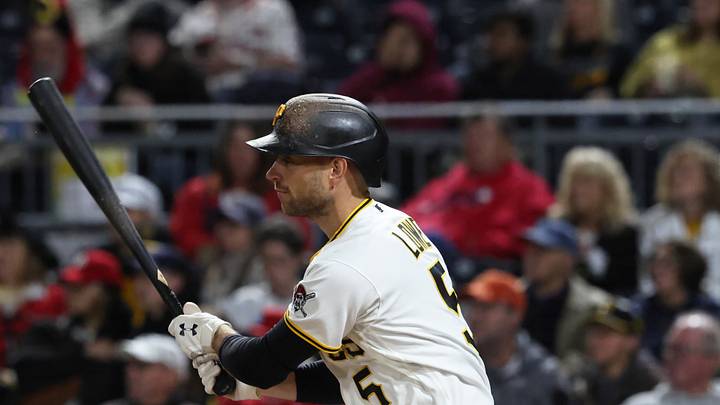 Sep 23, 2026; Pittsburgh, Pennsylvania, USA;  Pittsburgh Pirates second baseman Brandon Lowe (5) hits a single against the St. Louis Cardinals during the sixth inning at PNC Park.  Mandatory Credit: Charles LeClaire-Imagn Images