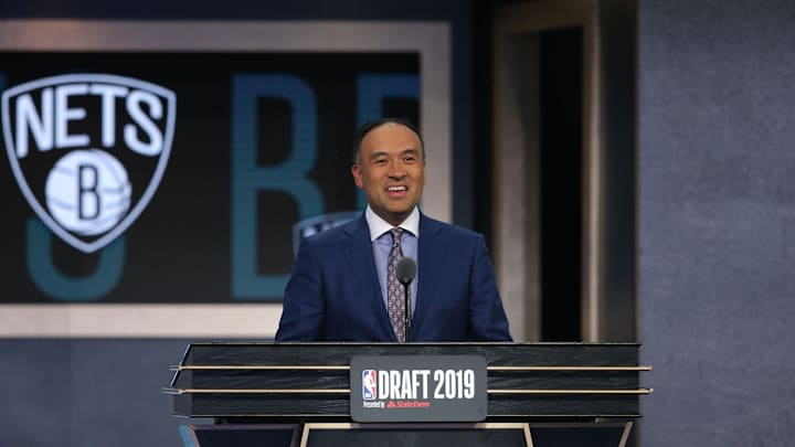 Jun 20, 2019; Brooklyn, NY, USA; NBA deputy commissioner Mark Tatum speaks prior to the second round of the 2019 NBA Draft at Barclays Center. Mandatory Credit: Brad Penner-Imagn Images