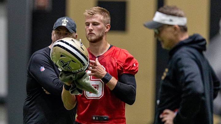 May 10, 2025; New Orleans, LA, USA; New Orleans Saints quarterback Tyler Shough (6) during rookie minicamp at Ochsner Sports Performance Center. Mandatory Credit: Stephen Lew-Imagn Images May 10, 2025; New Orleans, LA, USA; New Orleans Saints quarterback Tyler Shough (6) during rookie minicamp at Ochsner Sports Performance Center. Mandatory Credit: Stephen Lew-Imagn Images