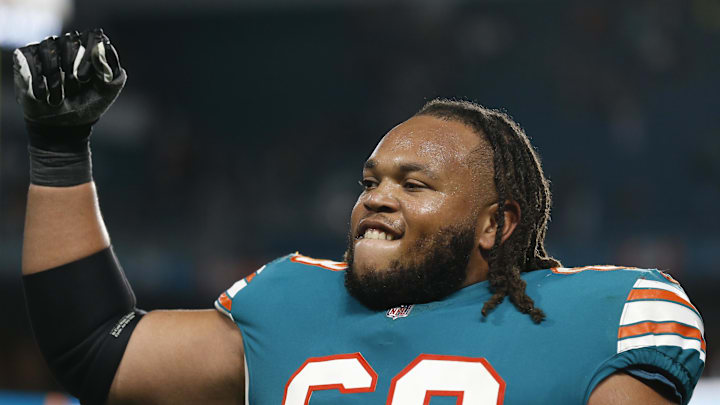 Jan 9, 2022; Miami Gardens, Florida, USA; Miami Dolphins guard Robert Hunt (68)