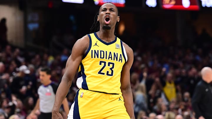 May 4, 2025; Cleveland, Ohio, USA; Indiana Pacers forward Aaron Nesmith (23) celebrates after hitting a three point basket during the second half against the Cleveland Cavaliers in game one of the second round for the 2025 NBA Playoffs at Rocket Arena. Mandatory Credit: Ken Blaze-Imagn Images