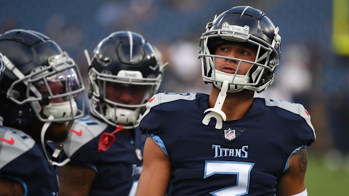 Aug 28, 2021; Nashville, TN, USA; Tennessee Titans corner back Caleb Farley (3) before the game against the Chicago Bears at Nissan Stadium. Mandatory Credit: Christopher Hanewinckel-USA TODAY Sports Aug 28, 2021; Nashville, TN, USA; Tennessee Titans corner back Caleb Farley (3) before the game against the Chicago Bears at Nissan Stadium. Mandatory Credit: Christopher Hanewinckel-USA TODAY Sports