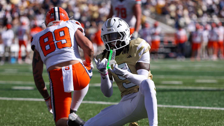 Oct 25, 2025; Atlanta, Georgia, USA; Georgia Tech Yellow Jackets defensive back Omar Daniels (9) reacts after a pass break up against the Syracuse Orange in the fourth quarter at Bobby Dodd Stadium at Hyundai Field. Mandatory Credit: Brett Davis-Imagn Images
