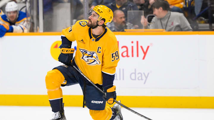 Feb 8, 2025; Nashville, Tennessee, USA;  Nashville Predators defenseman Roman Josi (59) awaits a face off against the Buffalo Sabres during the first period at Bridgestone Arena. Mandatory Credit: Steve Roberts-Imagn Images