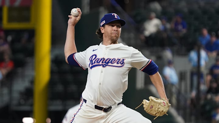 Jun 14, 2025; Arlington, Texas, USA; Texas Rangers pitcher Jacob deGrom (48) throws to the plate during the first inning against the Chicago White Sox at Globe Life Field. 