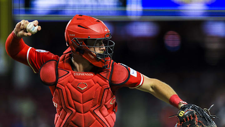 May 3, 2025; Cincinnati, Ohio, USA; Cincinnati Reds catcher Tyler Stephenson (37) throws to first to get Washington Nationals designated hitter James Wood (not pictured) out in the eighth inning at Great American Ball Park. Mandatory Credit: Katie Stratman-Imagn Images May 3, 2025; Cincinnati, Ohio, USA; Cincinnati Reds catcher Tyler Stephenson (37) throws to first to get Washington Nationals designated hitter James Wood (not pictured) out in the eighth inning at Great American Ball Park. Mandatory Credit: Katie Stratman-Imagn Images