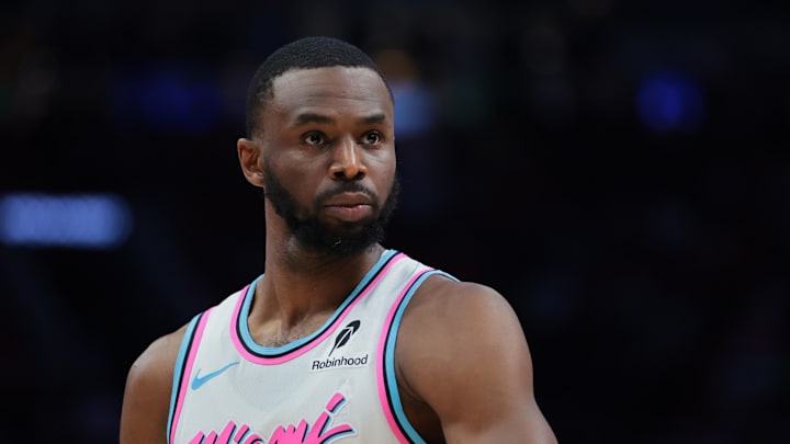 Mar 8, 2025; Miami, Florida, USA; Miami Heat forward Andrew Wiggins (22) looks on against the Chicago Bulls during the fourth quarter at Kaseya Center. Mandatory Credit: Sam Navarro-Imagn Images