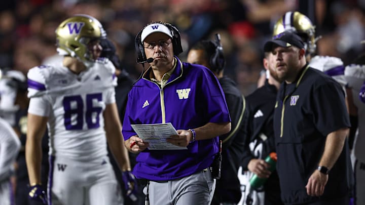 Sep 27, 2024; Piscataway, New Jersey, USA; Washington Huskies head coach Jedd Fisch looks on during the first half against the Rutgers Scarlet Knights at SHI Stadium. Mandatory Credit: Vincent Carchietta-Imagn Images
