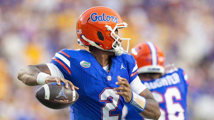 Sep 13, 2025; Baton Rouge, Louisiana, USA;  Florida Gators quarterback DJ Lagway (2) passes against the Florida Gators during the first half at Tiger Stadium. Mandatory Credit: Stephen Lew-Imagn Images