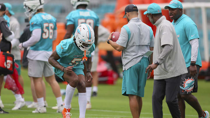Jul 26, 2023; Miami Gardens, FL, USA; Miami Dolphins cornerback Jalen Ramsey (5) works out during