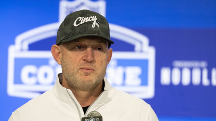 Feb 27, 2024; Indianapolis, IN, USA; Cincinnati Bengals director of player personnel Duke Tobin talks to the media at the 2024 NFL Combine at Indiana Convention Center. Mandatory Credit: Trevor Ruszkowski-Imagn Images