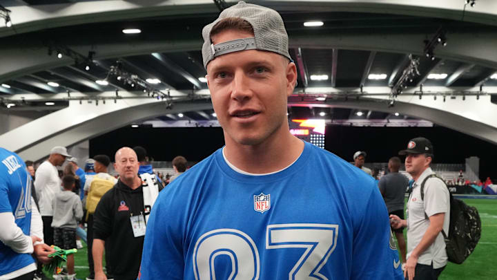 Feb 1, 2026; San Francisco, CA, USA; San Francisco 49ers running back Christian McCaffrey during NFC practice at the Flag Fieldhouse Moscone Center South Building. Mandatory Credit: Kirby Lee-Imagn Images Feb 1, 2026; San Francisco, CA, USA; San Francisco 49ers running back Christian McCaffrey during NFC practice at the Flag Fieldhouse Moscone Center South Building. Mandatory Credit: Kirby Lee-Imagn Images