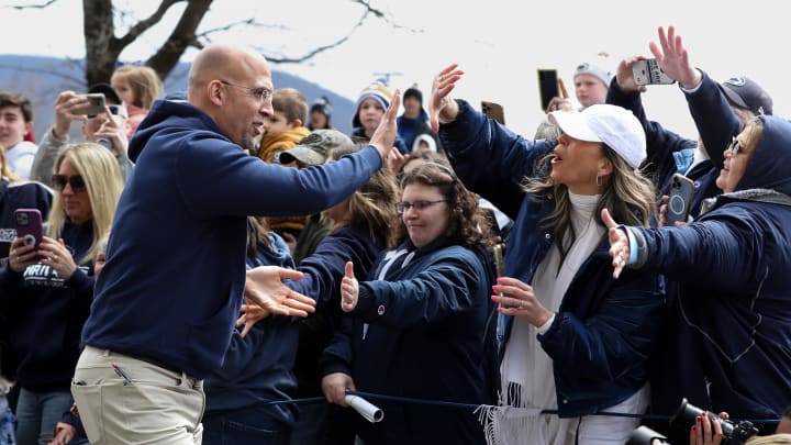 Penn State coach James Franklin greets fans at the 2024 Blue-White Game at Beaver Stadium.