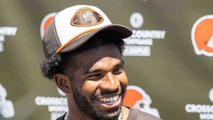May 10, 2025; Berea, OH, USA; Cleveland Browns quarterback Shedeur Sanders (12) talks to the media during rookie minicamp at CrossCountry Mortgage Campus. Mandatory Credit: Ken Blaze-Imagn Images