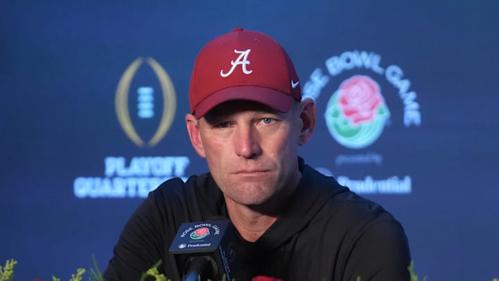 Alabama Crimson Tide head coach Kalen DeBoer speaks in a press conference.