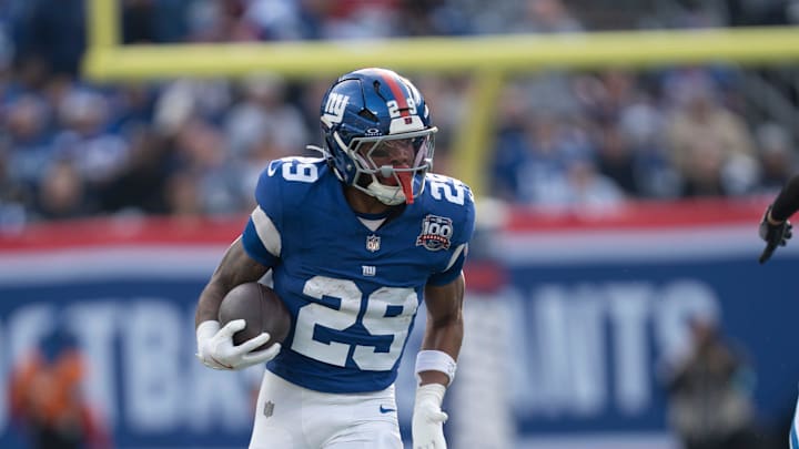 New York Giants running back Tyrone Tracy Jr. (29) runs downfield for a touchdown during a game between New York Giants and Indianapolis Colts at MetLife Stadium on Sunday, Dec. 29, 2024.