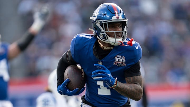 New York Giants wide receiver Malik Nabers (1) runs into the end zone for a touchdown in there second quarter during a game between New York Giants and Indianapolis Colts at MetLife Stadium on Sunday, Dec. 29, 2024.