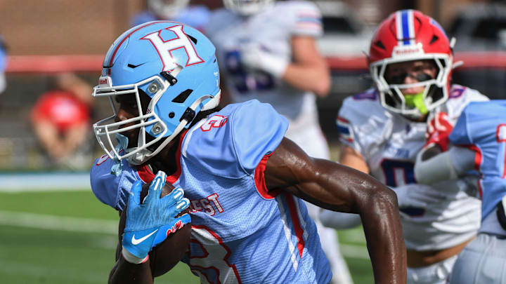Hillcrest High wide receiver Kahden Smith (3) returns a kick against Vestavia Hills at Hillcrest High School Friday Sept. 13, 2024.