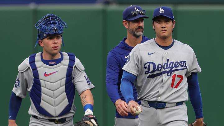 Jun 10, 2026; Pittsburgh, Pennsylvania, USA; Los Angeles Dodgers catcher Dalton Rushing (68) and two-way player Shohei Ohtani (17) make thier way in from the bullpen to play the Pittsburgh Pirates at PNC Park. Mandatory Credit: Charles LeClaire-Imagn Images Jun 10, 2026; Pittsburgh, Pennsylvania, USA; Los Angeles Dodgers catcher Dalton Rushing (68) and two-way player Shohei Ohtani (17) make thier way in from the bullpen to play the Pittsburgh Pirates at PNC Park. Mandatory Credit: Charles LeClaire-Imagn Images