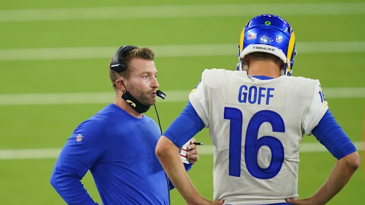 Sep 13, 2020; Inglewood, California, USA; Los Angeles Rams coach Sean McVay talks with quarterback Jared Goff (16) in the second half against the Dallas Cowboys at SoFi Stadium. The Rams defeated the Cowoboys 20-17.  Mandatory Credit: Kirby Lee-Imagn Images