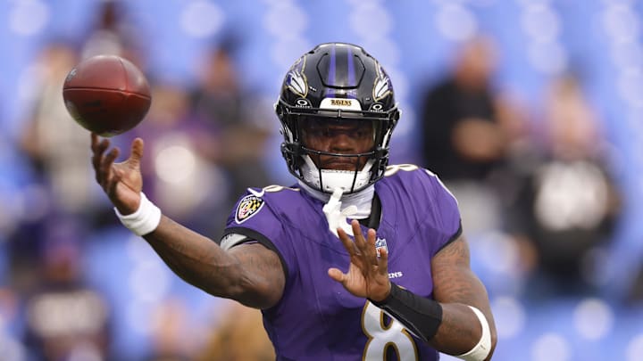 Dec 7, 2025; Baltimore, Maryland, USA; Baltimore Ravens quarterback Lamar Jackson (8) warms up before the game between the Pittsburgh Steelers and Baltimore Ravens at M&T Bank Stadium. Mandatory Credit: Peter Casey-Imagn Images