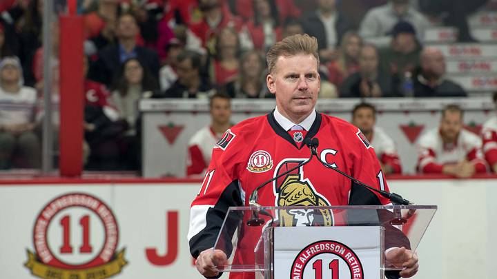 Dec 29, 2016; Ottawa, Ontario, CAN; Daniel Alfredsson (11) speaks during the jersey retirement party help prior to the start of game between the  Detroit Red Wings and Ottawa Senators at the Canadian Tire Centre. Mandatory Credit: Marc DesRosiers-USA TODAY Sports
