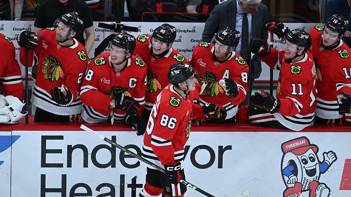 Oct 13, 2026; Chicago, Illinois, USA;  Chicago Blackhawks center Teuvo Teravainen (86) celebrates his goal against the Pittsburgh Penguins with teammates during the third period at United Center.  Mandatory Credit: Matt Marton-Imagn Images